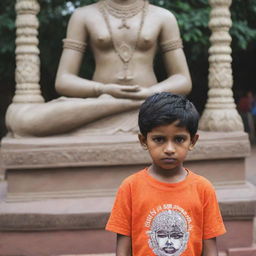 A young boy named Sumit, dressed in a t-shirt displaying his name, sincerely praying in front of the beautifully detailed statue of the Mahadev deity.