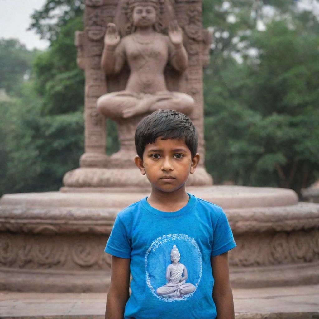 A young boy named Sumit, dressed in a t-shirt displaying his name, sincerely praying in front of the beautifully detailed statue of the Mahadev deity.