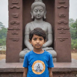 A young boy named Sumit, dressed in a t-shirt displaying his name, sincerely praying in front of the beautifully detailed statue of the Mahadev deity.