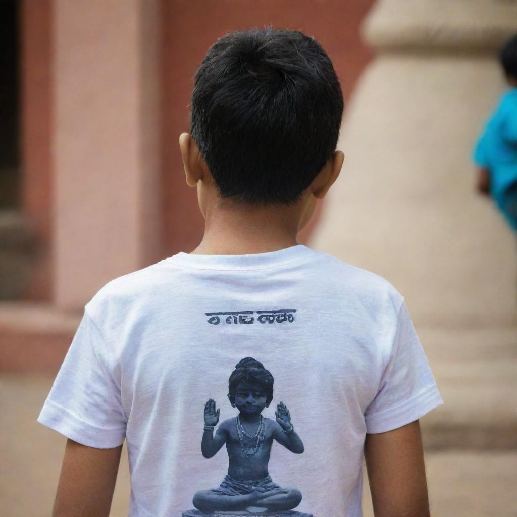 A boy, identified as Sumit by the name on the back of his t-shirt, in a reverent pose praying in front of the deity, Mahadev. Focus is on the boy's back, showcasing the depiction of divine devotion.