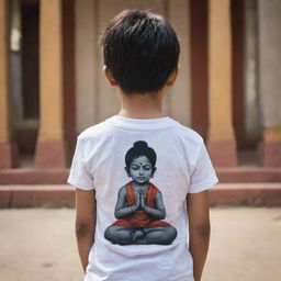 A boy, identified as Sumit by the name on the back of his t-shirt, in a reverent pose praying in front of the deity, Mahadev. Focus is on the boy's back, showcasing the depiction of divine devotion.