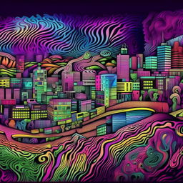 Wellington city depicted with surreal, psychedelic colors and shapes, as if experienced during an intense acid trip, full of vibrant, swirling patterns, distorted architecture, and pulsating landscapes.