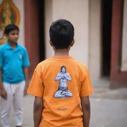 A boy, identified as Sumit by the name on the back of his t-shirt, in a reverent pose praying in front of the deity, Mahadev. Focus is on the boy's back, showcasing the depiction of divine devotion.