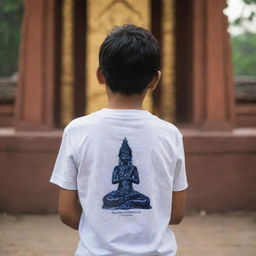 A boy, identified as Sumit by the name on the back of his t-shirt, in a reverent pose praying in front of the deity, Mahadev. Focus is on the boy's back, showcasing the depiction of divine devotion.