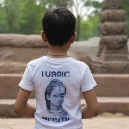 A young boy, viewed from behind, in a scene of devout prayer before a statue of Mahadev. His t-shirt, clearly visible, bears the name 'SUMIT' across the back.