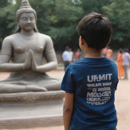 A young boy, viewed from behind, in a scene of devout prayer before a statue of Mahadev. His t-shirt, clearly visible, bears the name 'SUMIT' across the back.