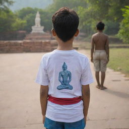 A young boy, viewed from behind, in a scene of devout prayer before a statue of Mahadev. His t-shirt, clearly visible, bears the name 'SUMIT' across the back.