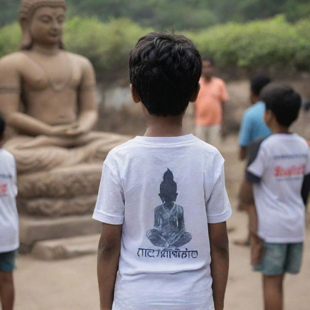 A young boy, viewed from behind, in a scene of devout prayer before a statue of Mahadev. His t-shirt, clearly visible, bears the name 'SUMIT' across the back.