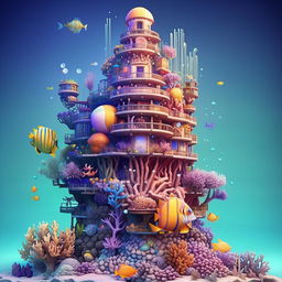 Enhance the floating mermaid tower beneath the sea surface, with emphasis on creating a more colourful and vibrant coral reef structure, featuring large, habitable bubbles nestled among the corals.