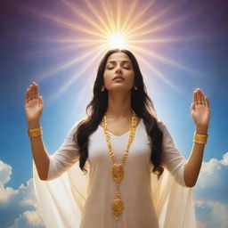 A divine, spiritual entity symbolizing divinity, glowing with a radiant, celestial light amid a serene, heavenly backdrop.