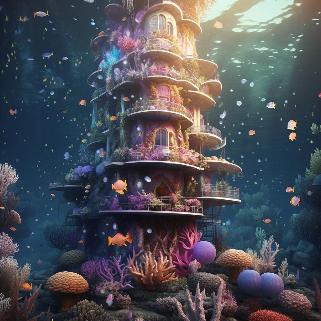 Enhance the floating mermaid tower beneath the sea surface, with emphasis on creating a more colourful and vibrant coral reef structure, featuring large, habitable bubbles nestled among the corals.