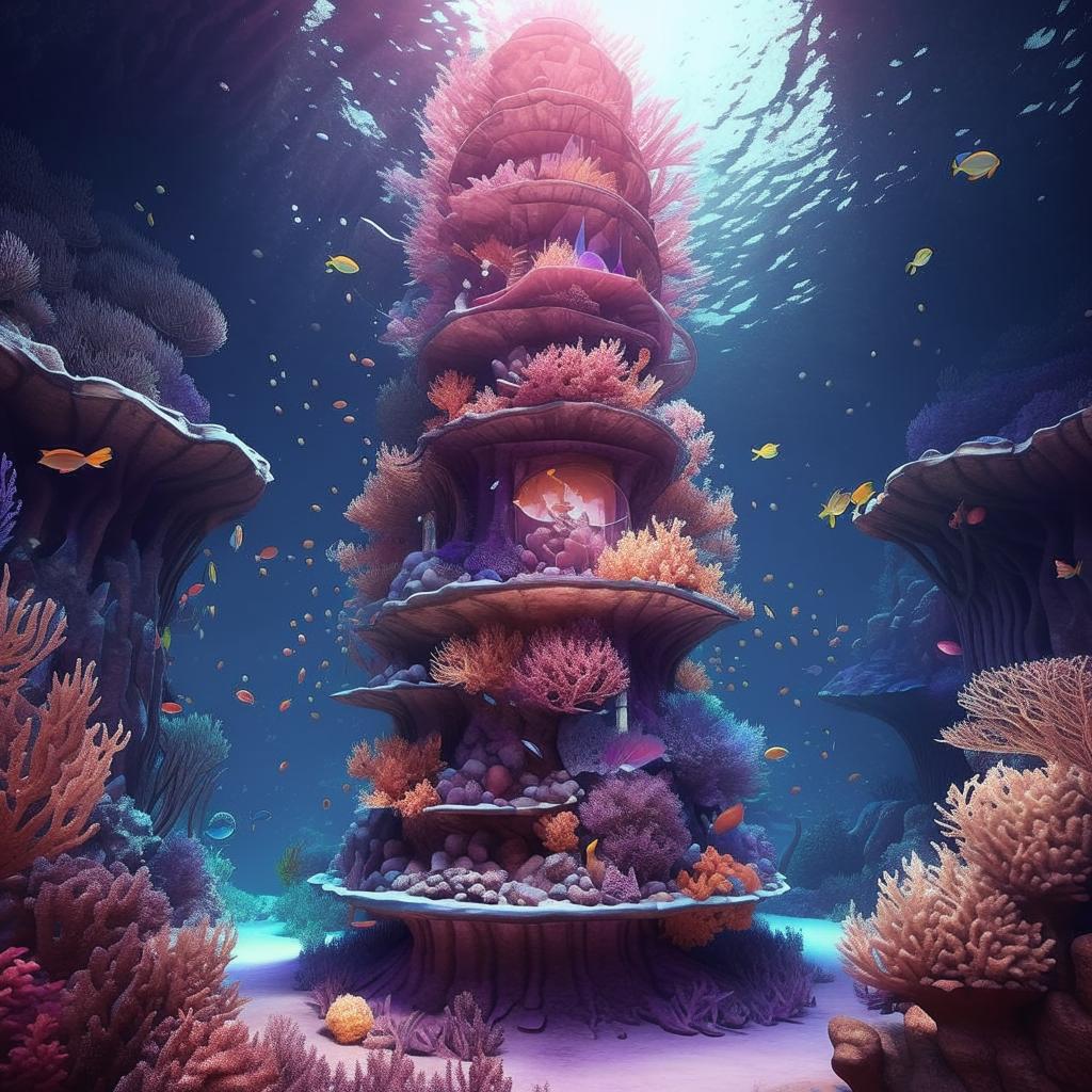 Enhance the floating mermaid tower beneath the sea surface, with emphasis on creating a more colourful and vibrant coral reef structure, featuring large, habitable bubbles nestled among the corals.