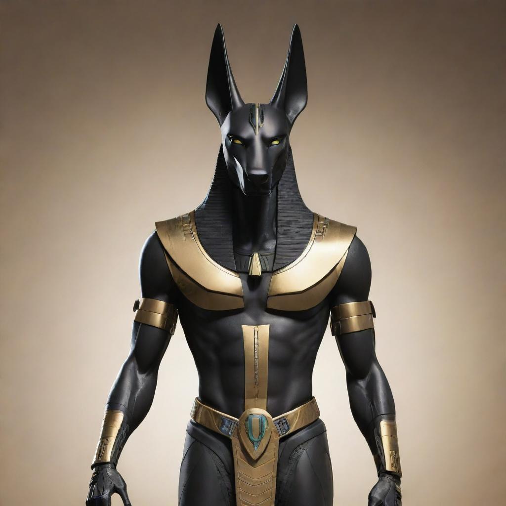 An illustration of the Egyptian god Anubis, depicted with a sleek, futuristic robotic body while still maintaining his iconic jackal-headed visage.