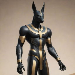 An illustration of the Egyptian god Anubis, depicted with a sleek, futuristic robotic body while still maintaining his iconic jackal-headed visage.