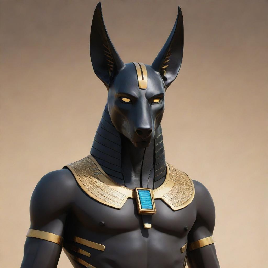 An illustration of the Egyptian god Anubis, depicted with a sleek, futuristic robotic body while still maintaining his iconic jackal-headed visage.