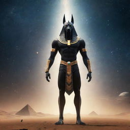 A depiction of the Egyptian god Anubis in a cosmic setting, with a futuristic robotic body radiating with starlight, standing proudly in the vast expanse of the universe.