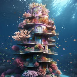 Enhance the floating mermaid tower beneath the sea surface, with emphasis on creating a more colourful and vibrant coral reef structure, featuring large, habitable bubbles nestled among the corals.