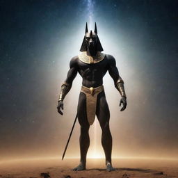 A depiction of the Egyptian god Anubis in a cosmic setting, with a futuristic robotic body radiating with starlight, standing proudly in the vast expanse of the universe.