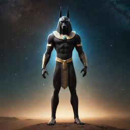 A depiction of the Egyptian god Anubis in a cosmic setting, with a futuristic robotic body radiating with starlight, standing proudly in the vast expanse of the universe.