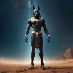 A depiction of the Egyptian god Anubis in a cosmic setting, with a futuristic robotic body radiating with starlight, standing proudly in the vast expanse of the universe.