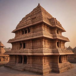 A majestic, highly detailed Ram Mandir (Hindu temple) with beautiful, intricate carvings, bathed in the soft golden light of sunset.