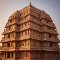 A majestic, highly detailed Ram Mandir (Hindu temple) with beautiful, intricate carvings, bathed in the soft golden light of sunset.