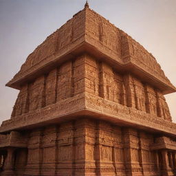 A majestic, highly detailed Ram Mandir (Hindu temple) with beautiful, intricate carvings, bathed in the soft golden light of sunset.