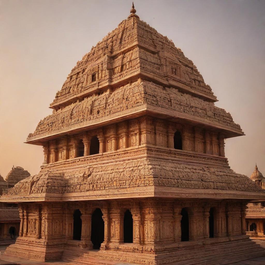 A majestic, highly detailed Ram Mandir (Hindu temple) with beautiful, intricate carvings, bathed in the soft golden light of sunset.