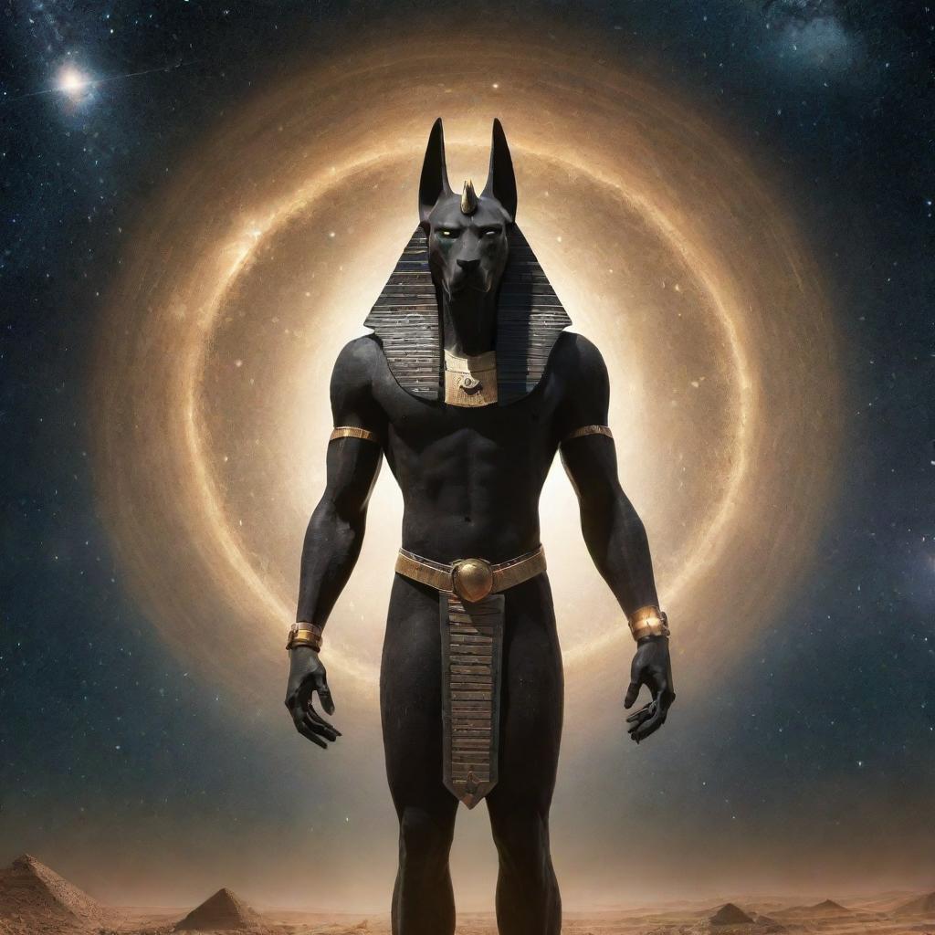 A depiction of the Egyptian god Anubis in a cosmic setting, with an advanced robotic body radiating with starlight, standing against a backdrop of a star-filled universe.