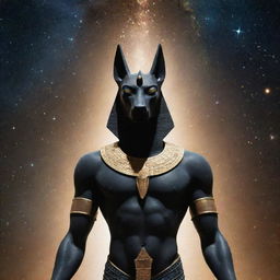 A depiction of the Egyptian god Anubis in a cosmic setting, with an advanced robotic body radiating with starlight, standing against a backdrop of a star-filled universe.