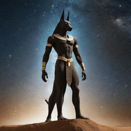 A depiction of the Egyptian god Anubis in a cosmic setting, with an advanced robotic body radiating with starlight, standing against a backdrop of a star-filled universe.