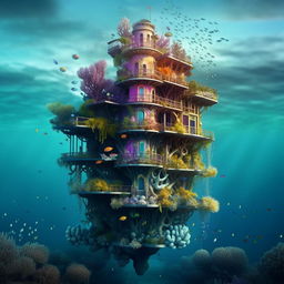 Revise the floating mermaid tower, suspended in the ocean, detached from the sea floor. It sports bright, vibrant corals and large, colorful, habitable bubbles nestled within.