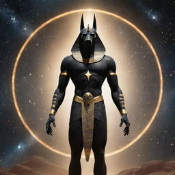 A depiction of the Egyptian god Anubis in a cosmic setting, with an advanced robotic body radiating with starlight, standing against a backdrop of a star-filled universe.