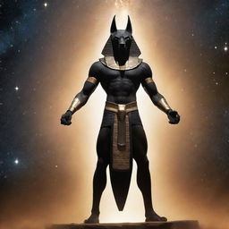 A portrayal of the celestial Egyptian god Anubis, showing compelling anger and emanating an aura of formidable power, his advanced robotic body gleaming against a backdrop of the star-studded cosmos.