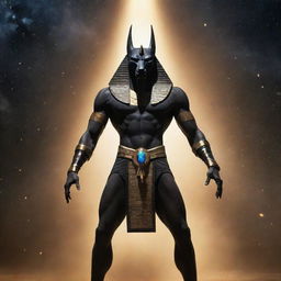 A portrayal of the celestial Egyptian god Anubis, showing compelling anger and emanating an aura of formidable power, his advanced robotic body gleaming against a backdrop of the star-studded cosmos.