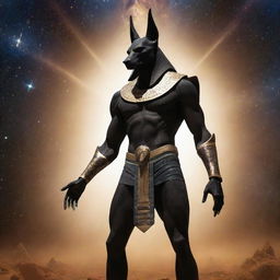 A portrayal of the celestial Egyptian god Anubis, showing compelling anger and emanating an aura of formidable power, his advanced robotic body gleaming against a backdrop of the star-studded cosmos.