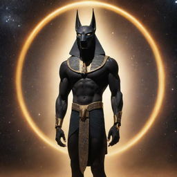 A portrayal of the celestial Egyptian god Anubis, showing compelling anger and emanating an aura of formidable power, his advanced robotic body gleaming against a backdrop of the star-studded cosmos.