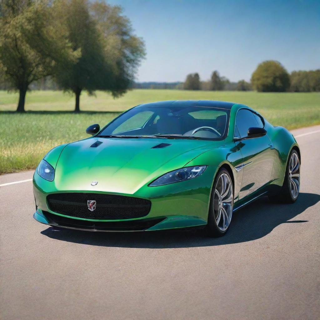 A sleek, modern car gleaming under sunlight with shining chrome details and vibrant paint job. It is parked on a smooth road with a lush green field in the backdrop.