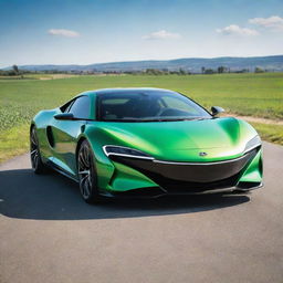 A sleek, modern car gleaming under sunlight with shining chrome details and vibrant paint job. It is parked on a smooth road with a lush green field in the backdrop.