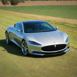 A sleek, modern car gleaming under sunlight with shining chrome details and vibrant paint job. It is parked on a smooth road with a lush green field in the backdrop.