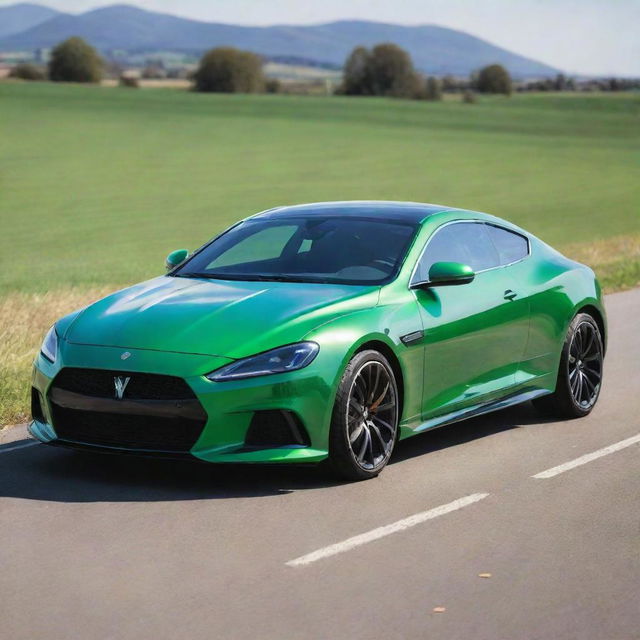 A sleek, modern car gleaming under sunlight with shining chrome details and vibrant paint job. It is parked on a smooth road with a lush green field in the backdrop.