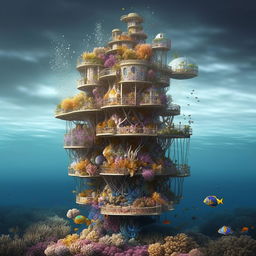 Revise the floating mermaid tower, suspended in the ocean, detached from the sea floor. It sports bright, vibrant corals and large, colorful, habitable bubbles nestled within.