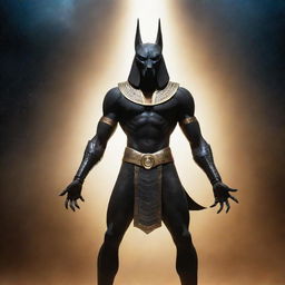 An intense portrayal of the celestial deity, Anubis, showing compelling anger. His futuristic, robotic body gleams against the backdrop of the cosmos, radiating with an aura of power.