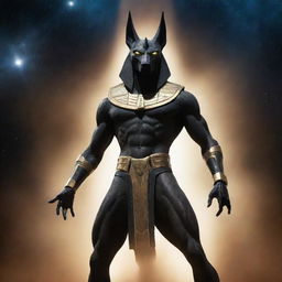 An intense portrayal of the celestial deity, Anubis, showing compelling anger. His futuristic, robotic body gleams against the backdrop of the cosmos, radiating with an aura of power.