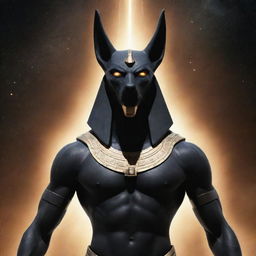 An intense portrayal of the celestial deity, Anubis, showing compelling anger. His futuristic, robotic body gleams against the backdrop of the cosmos, radiating with an aura of power.