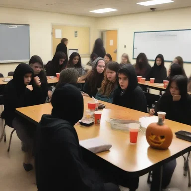 The students gathered in the dark and eerie homeroom to watch a horror movie for their Halloween party.