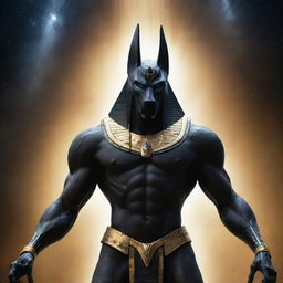 An intense portrayal of the celestial deity, Anubis, showing compelling anger. His futuristic, robotic body gleams against the backdrop of the cosmos, radiating with an aura of power.