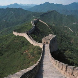 Create a simplistic yet appealing advertisement for the World Heritage site, the Great Wall of China. Incorporate catchy lines such as 'Explore the Majestic Continuity of Past and Present', and a memorable logo that represents its historical significance. Display striking images that create a visual journey for the viewer.