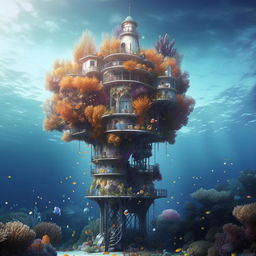 Revise the floating mermaid tower, suspended in the ocean, detached from the sea floor. It sports bright, vibrant corals and large, colorful, habitable bubbles nestled within.