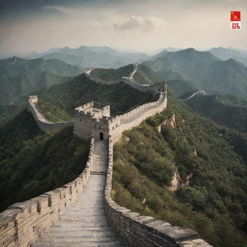 Create a simplistic yet appealing advertisement for the World Heritage site, the Great Wall of China. Incorporate catchy lines such as 'Explore the Majestic Continuity of Past and Present', and a memorable logo that represents its historical significance. Display striking images that create a visual journey for the viewer.